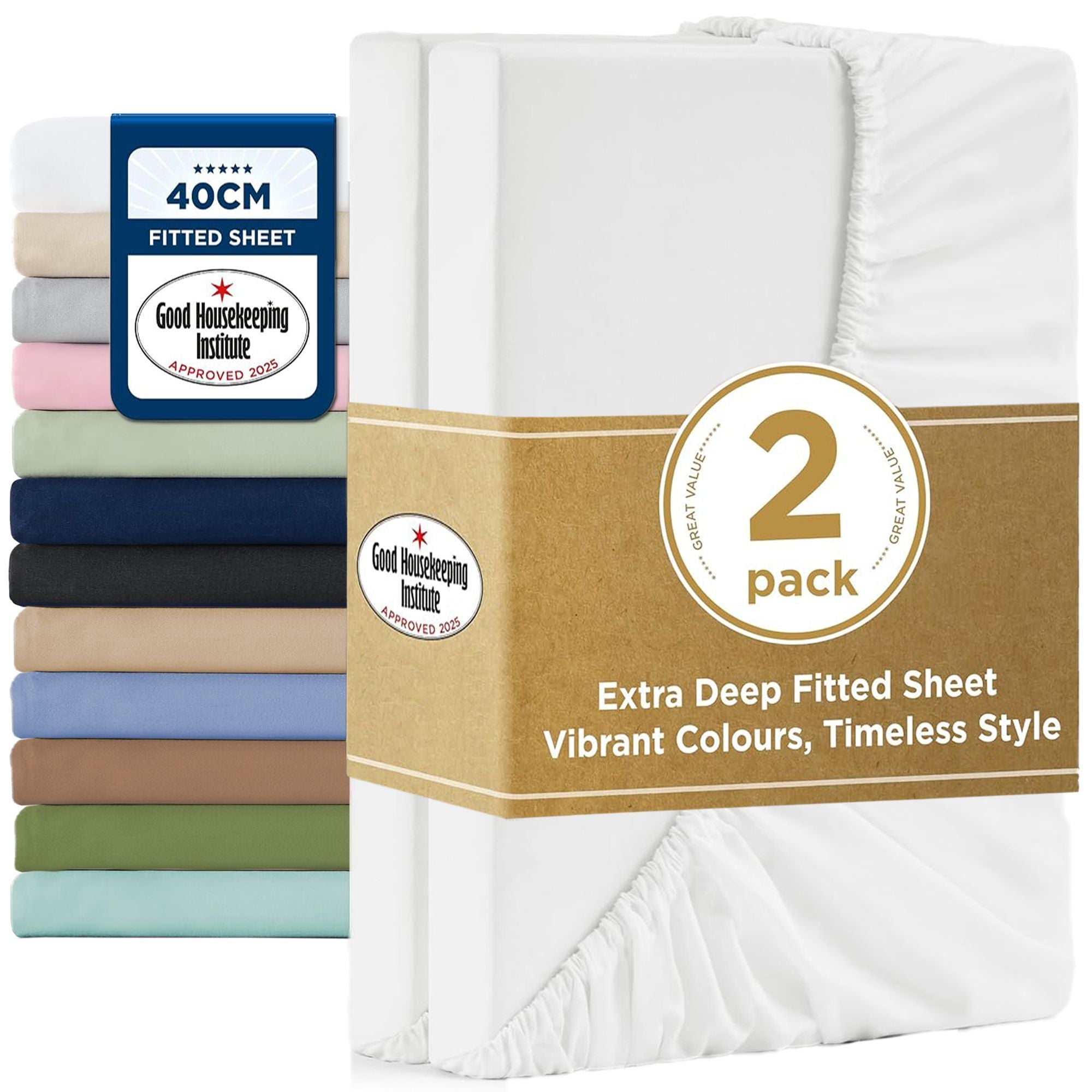 2000TC Hotel Quality Fitted Sheets - 2 Piece Fitted Sheets -Breathable Bedding - Wrinkle, Fade, Stain Resistant- 16inch/40cm Deep Pocket Fitted Bed Sheets-Wrinkle and Fade Resistant,(White,King Single)